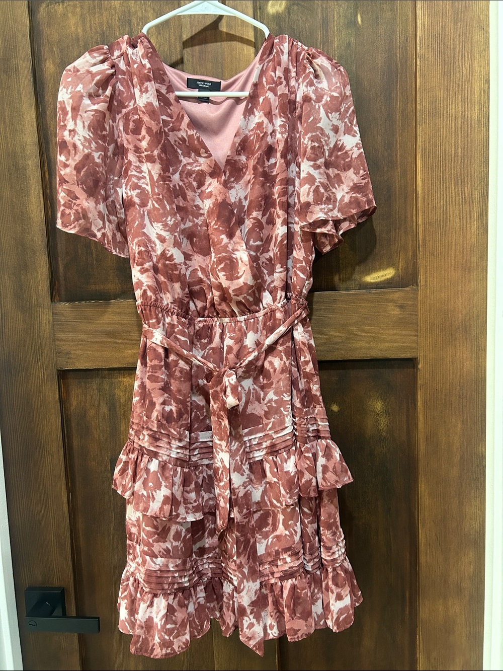 Simply Vera Rose-Pink Floral Tie-Waist Midi Dress